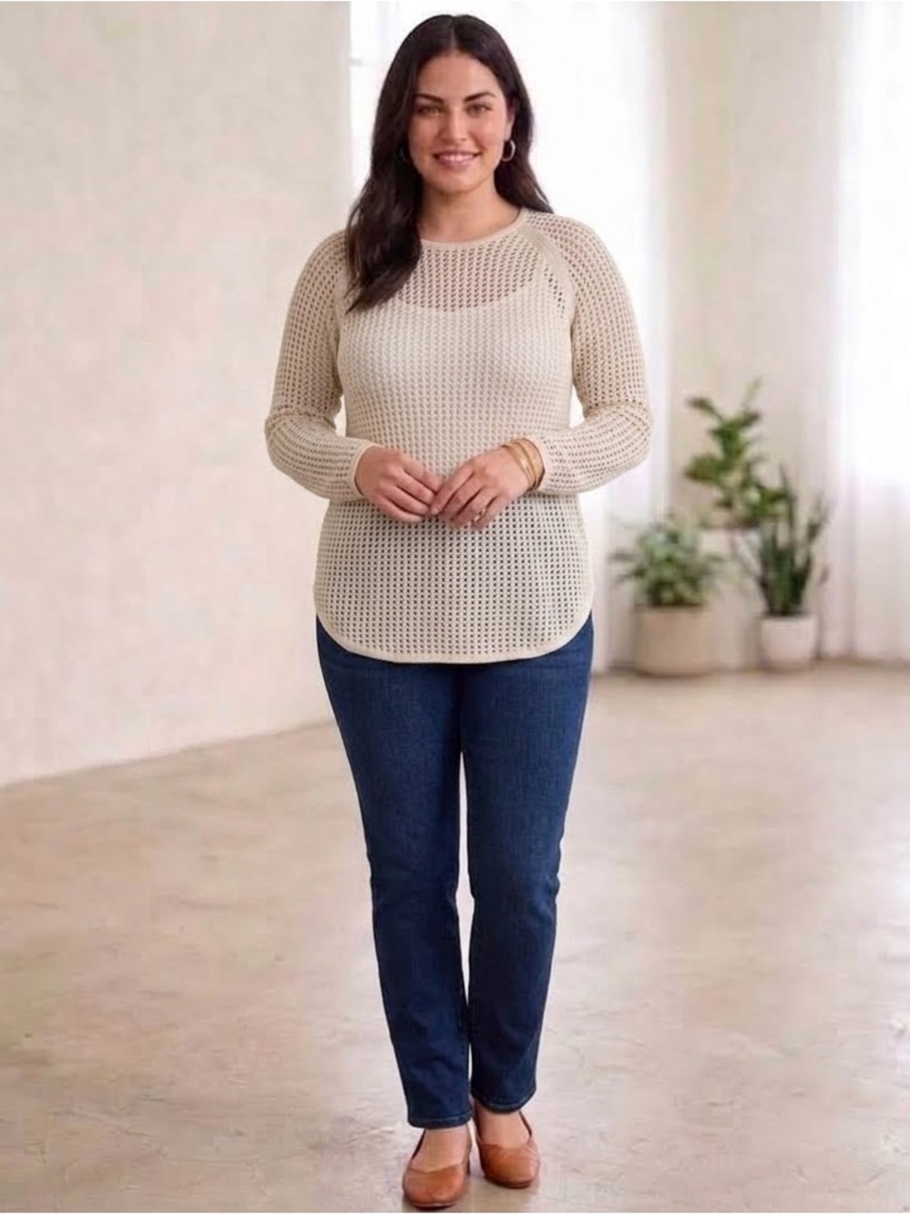 JEANNE PIERRE Cream Open-Knit Crewneck Sweater